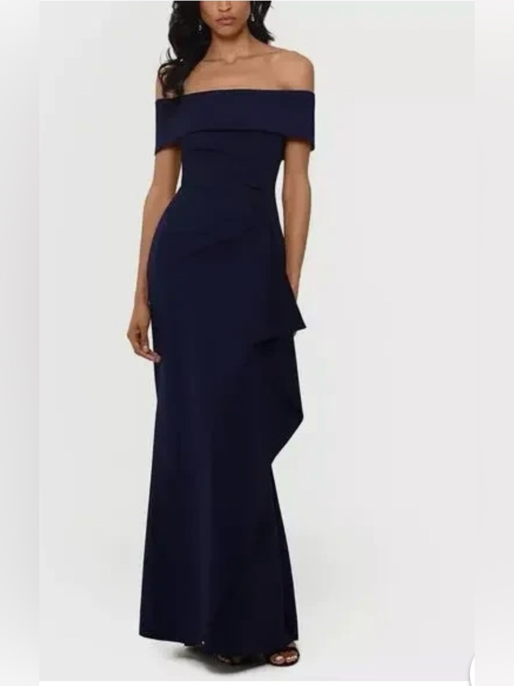 Xscape Navy Blue Ruffled Off-The-Shoulder Gown Dress
